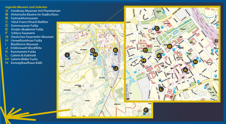 Karte von Fulda mit markierten Standorten der teilnehmenden Museen und Galerien